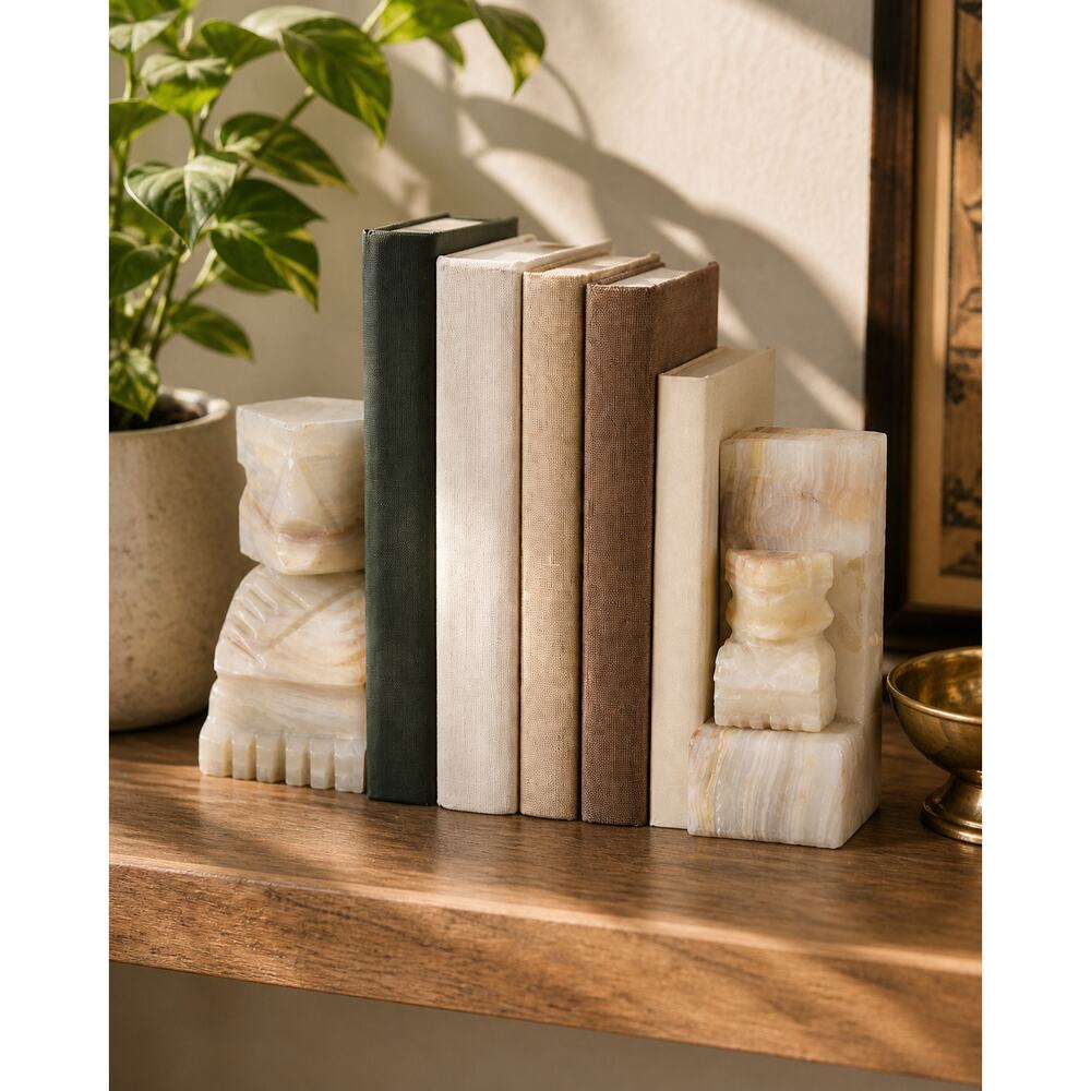 Vintage Onyx Marble Bookends MCM Tiki Aztec Mexico Sculptural Pair